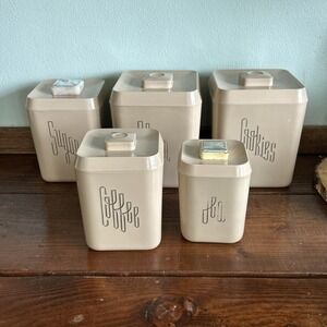 Vintage 1950s MCM Lustro Ware  Beige Plastic Kitchen Canisters Set Of 5